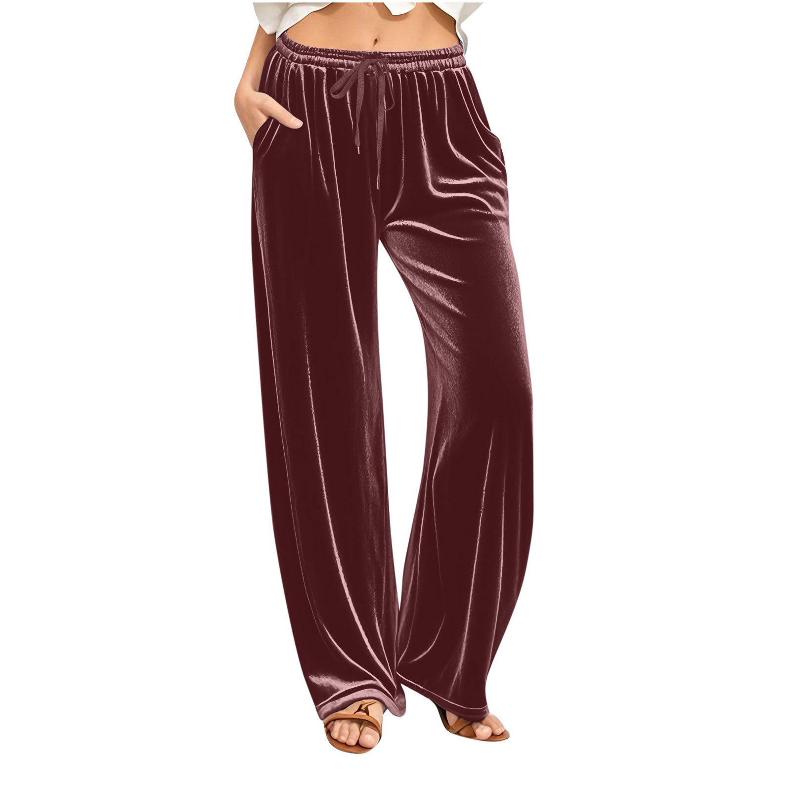 Womens Velvet Wide Leg Pants Elastic Waist Loose Fit Lounge Trousers